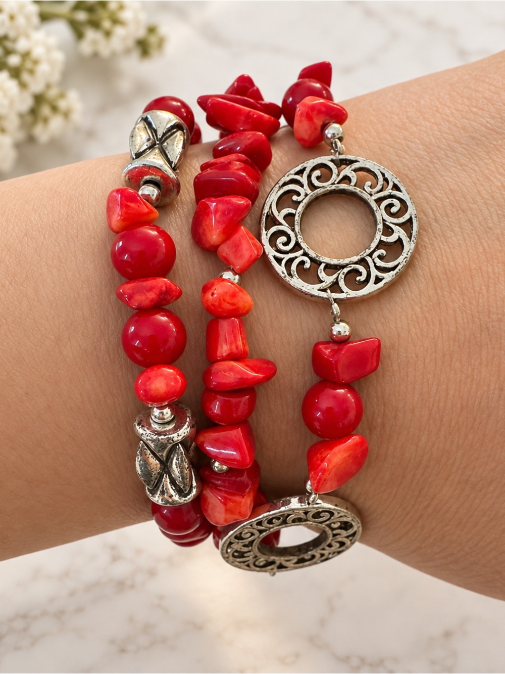 Premier Designs Red Multi Strand Beaded Bracelet Silver Tone Toggle Clasp
